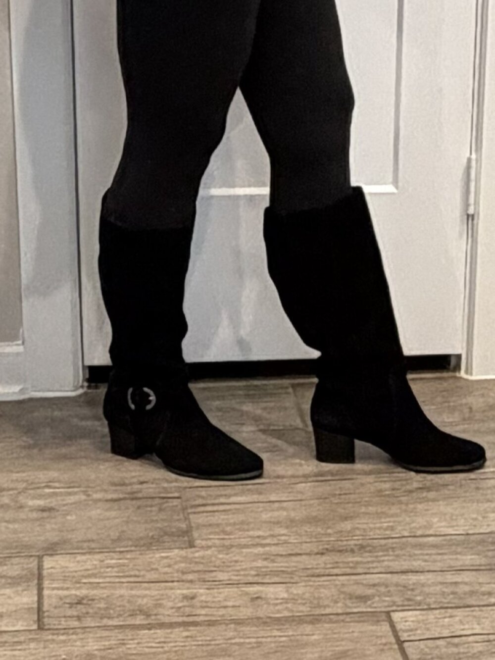 Lands' End Black Genuine Suede Leather Tall Boots Buckle Size 7M